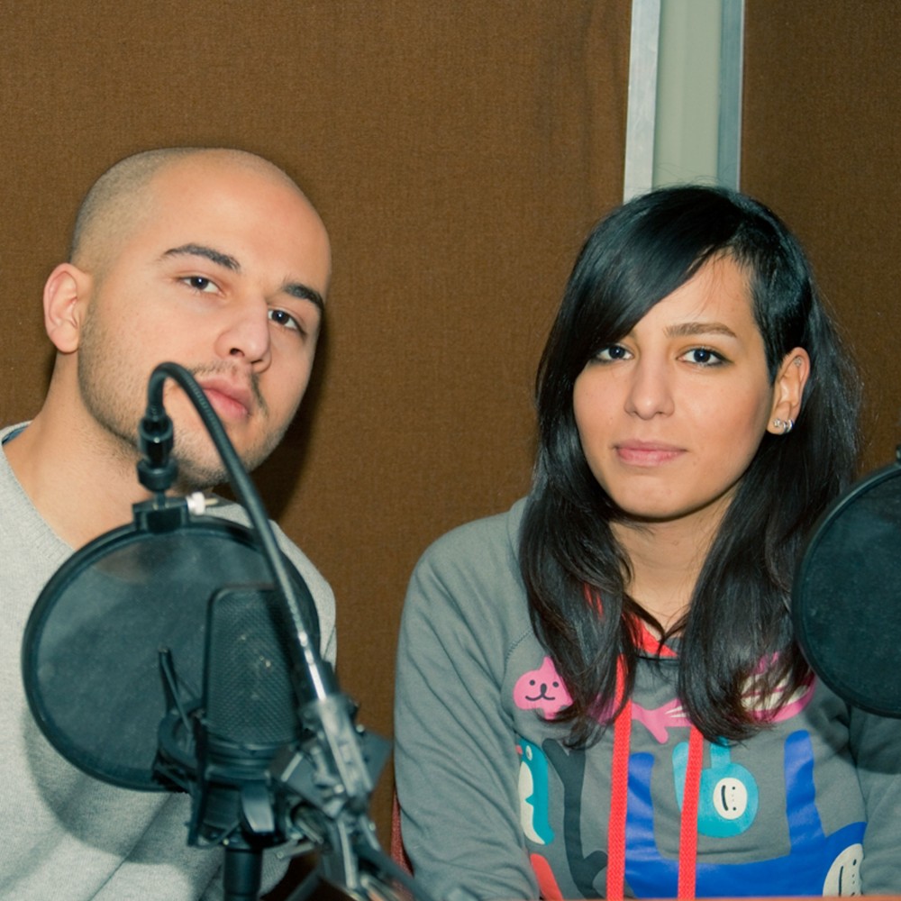 Sara and Pezhman in the radio booth recording the audio
